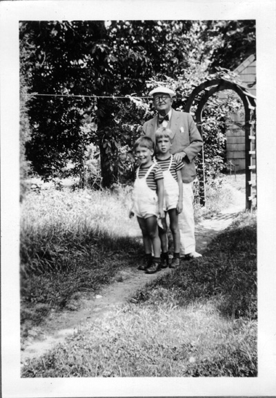 Samuel James Hannah, with Robert DeVoe (at left) and Howard DeVoe on the path between the Josselyn and DeVoe homes in Pleasantville, NY. Probably summer 1939.