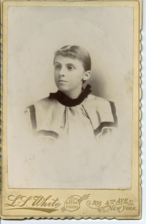 Eva Troup. Photo in possession of Linda Funk Shook. Another copy mounted on the same photographer's card was in the possession of Margaret Troupe in 2003, borrowed from the estate of Toby Harrison, a descendent of John Bruce Troup. The photo had been sent to England and has "Eva age 15 yrs" written on the reverse.