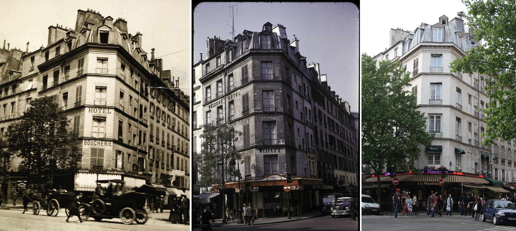66 Rue de Seine, Paris.
Left: print in Edgar Josselyn's scrapbook, date unknown. The second window to the left of the top-floor corner dormer window is the room where he lived from July 1887 to February 1889, according to a note written by him on the back of the print.
Middle: photo (Kodachrome slide) taken 27 August 1954 by Howard DeVoe.
Right: photo taken 8 May 2007 by Catherine (DeVoe) Schechter.